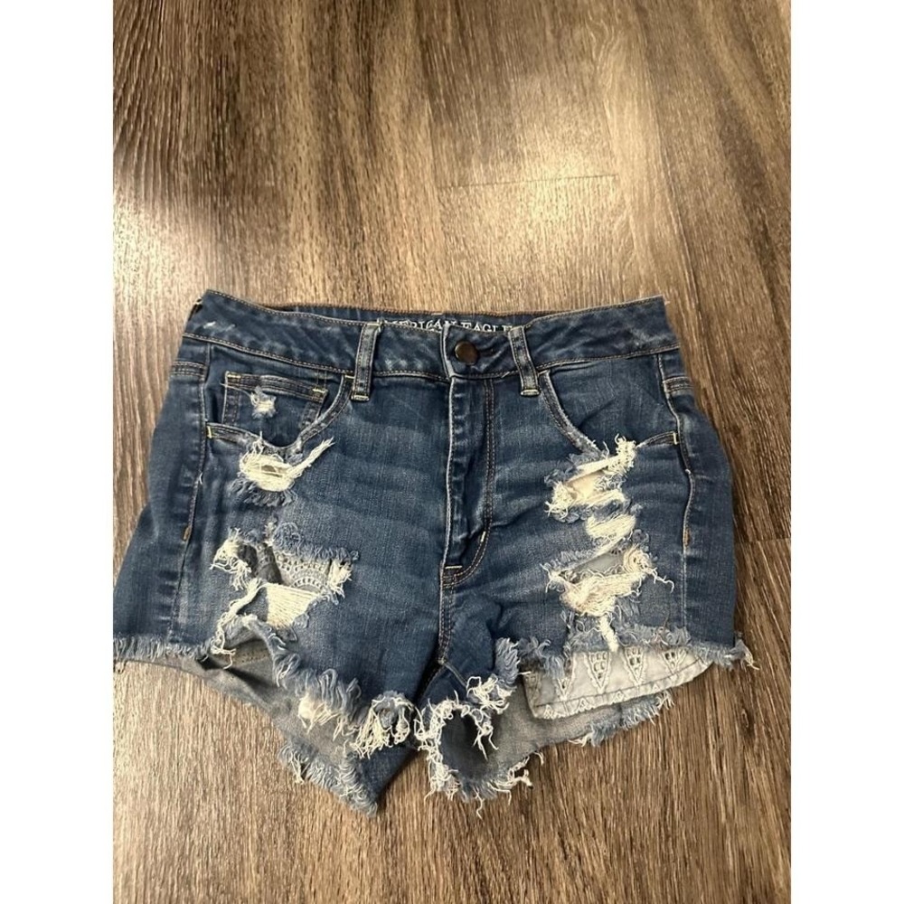 American Eagle Outfitters High-Rise Distressed Denim Shorts - Dark Blue